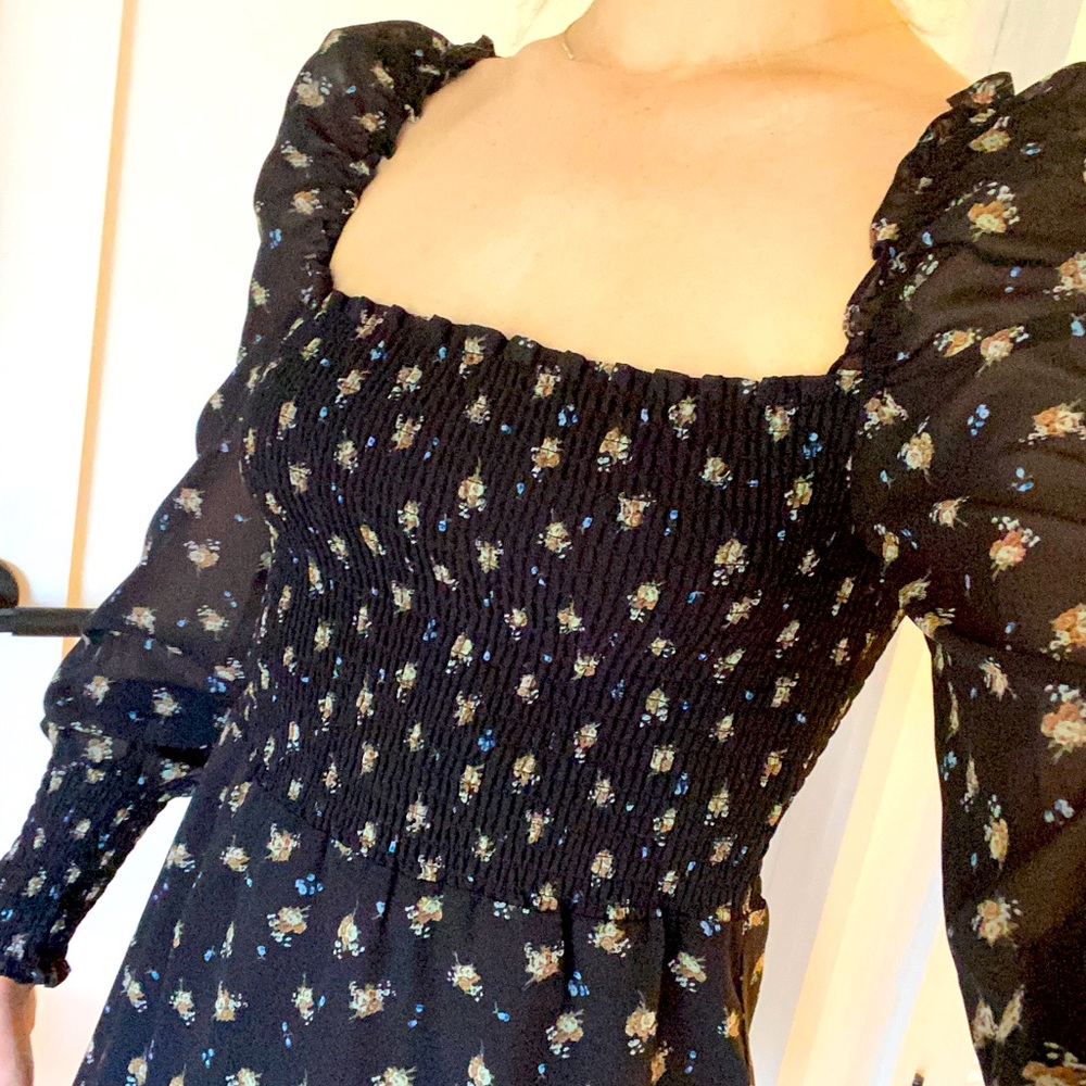 Few Moda smocked printed black mini dress